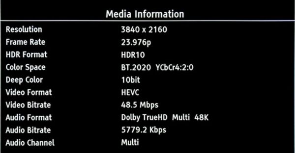 Reavon UBR-X100 Blu-ray lejátszó menu Media Information