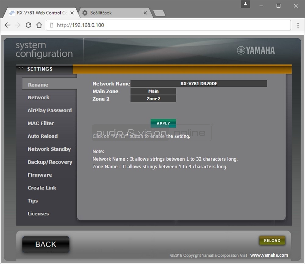 Yamaha RX-V781 házimozi erősítő Web Control